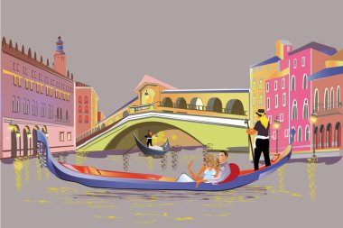 Romantik Çift gondol İtalya Grand Canal boyunca hareket eder. Renkli seyahat arka plan altın desenlerle süslenmiş. Çizilmiş vektör arka plan el.
