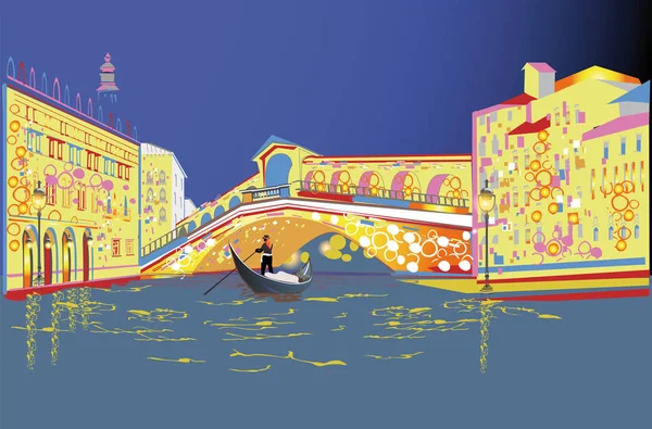 Coppia Romantica Gondola Viaggia Lungo Canal Grande Italia Sfondo Colorato — Vettoriale Stock