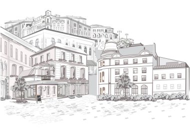 Eski şehrin sokak kez dizi. Vektör mimari arka plan tarihi binaları ile el çekilmiş.