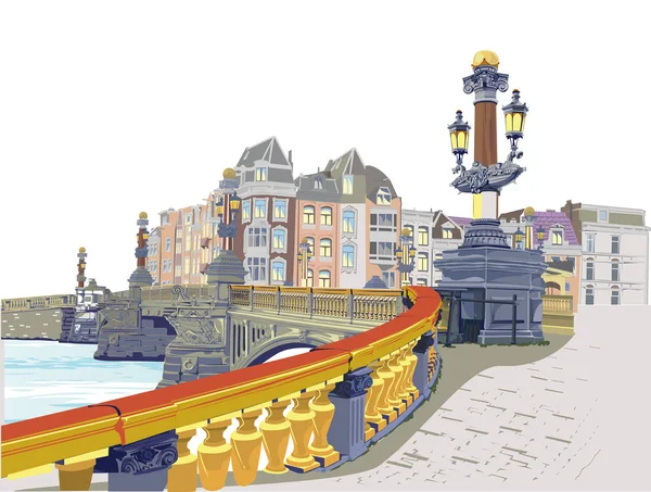 Архитектурный Фон Голландскими Домами Исторический Мост Амстердаме Нидерланды Через Реку — стоковый вектор