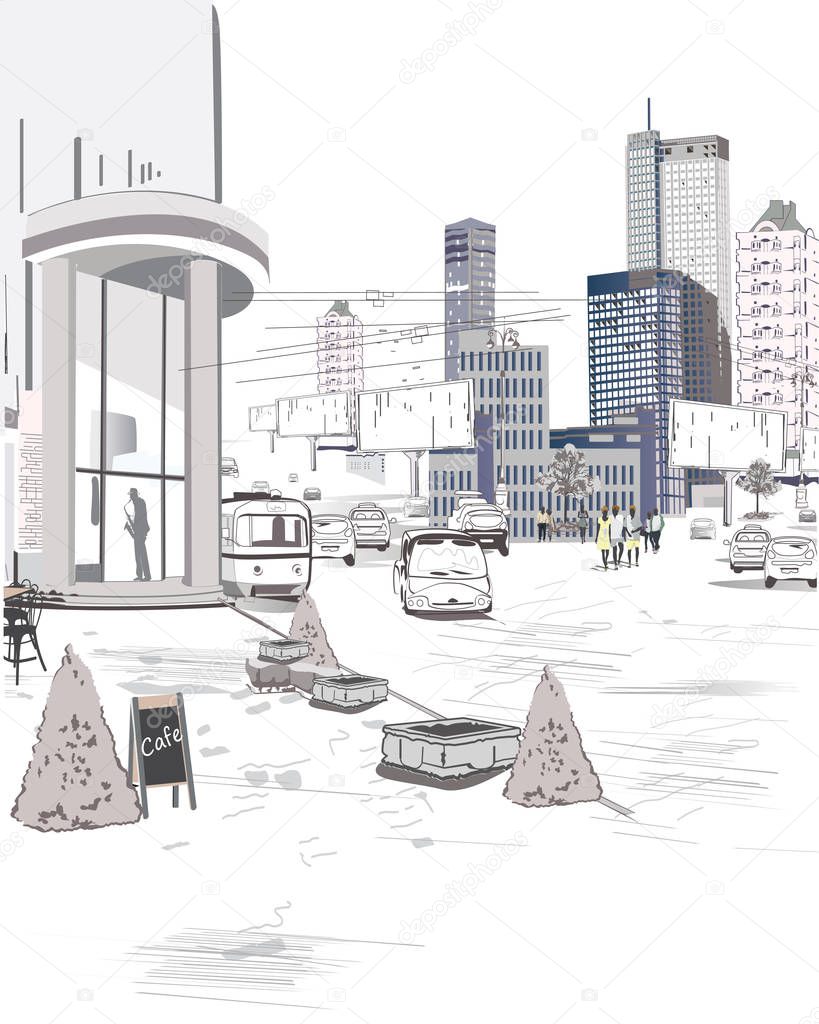 Series of abstract street views in the city. Hand drawn vector architectural background with skyscrapers.