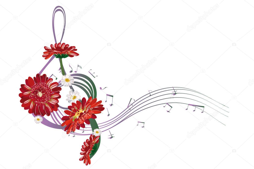 Abstract treble clef decorated with summer and spring flowers, notes.
