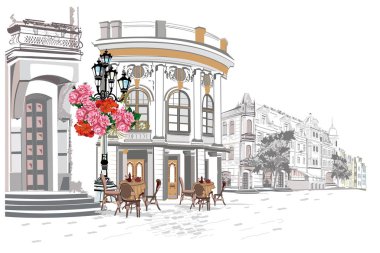 Series of street views in the old city. Hand drawn vector architectural background with historic buildings. vector Series of street views in the old city. Hand drawn vector architectural background with historic buildings. vector