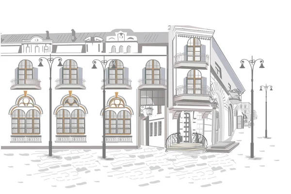 Het aantal weergaven van de straat in de oude stad. Hand getekend vector bouwkundige achtergrond met historische gebouwen. — Stockvector