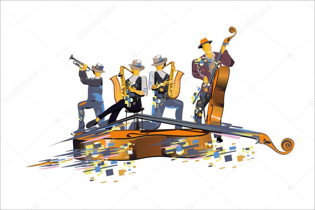 Abstract colorful musical poster design with musicians and musical waves. 