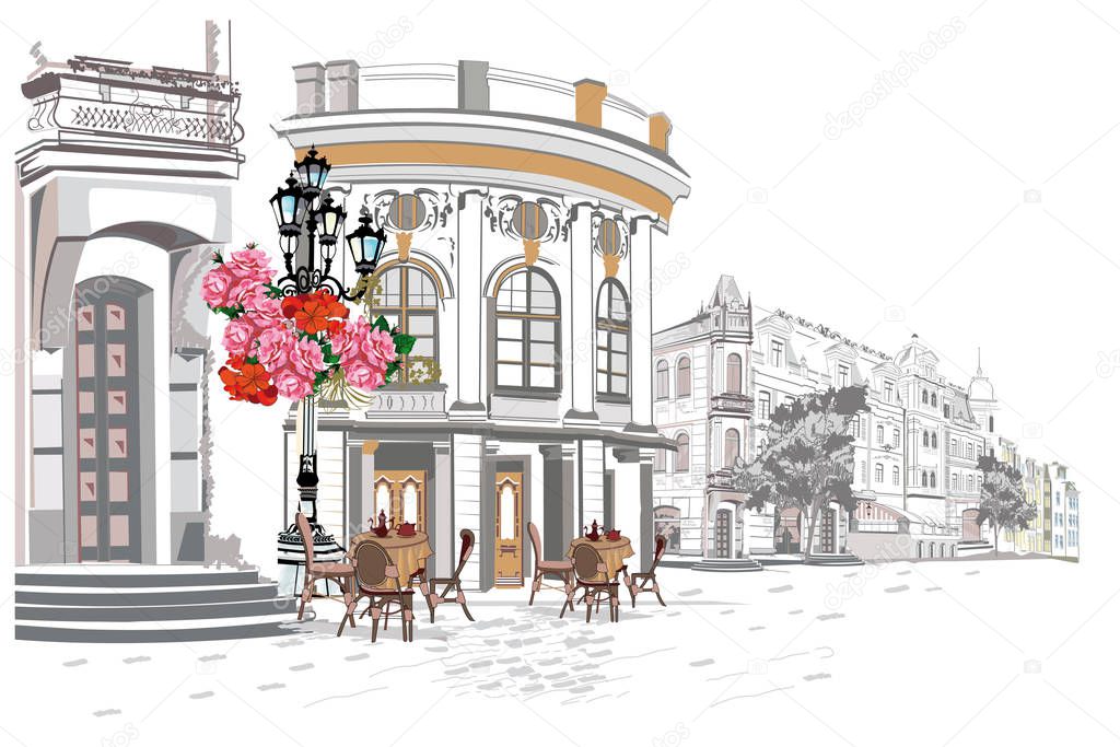 Series of street views in the old city. Hand drawn vector architectural background with historic buildings.