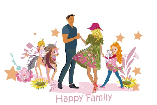 Gelukkige familie van vader, moeder en kinderen buitenshuis onder groene natuur en bloemen. — Stockvector