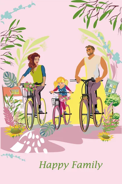 Happy family of father, mother and children outdoors amoung green nature and flowers. Riding the bicycles. — Stock Vector