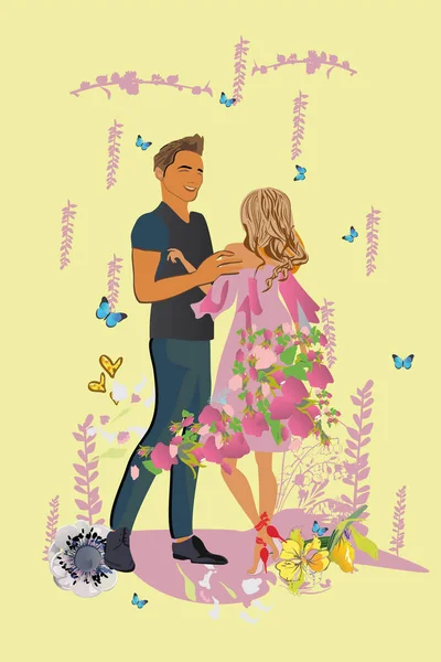 Vector ilustración de parejas románticas enamoradas de flores . — Vector de stock