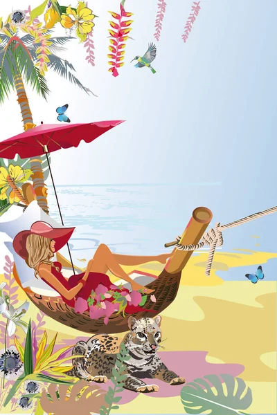 Série de milieux tropicaux avec une fille de mode dans un hamac . — Image vectorielle