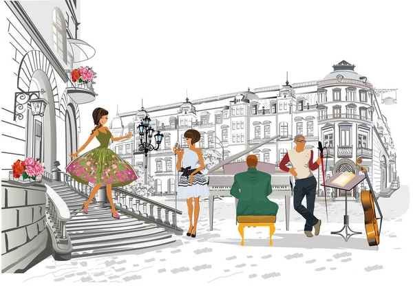 Серия уличных кафе с модниками, мужчинами и женщинами, в старом городе . — стоковый вектор