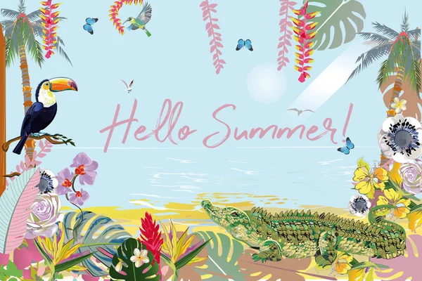Serie de banner de venta de verano con hojas tropicales y animales . — Vector de stock