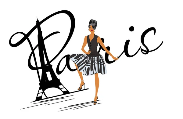 Lettering Paris com uma menina da moda em vestido preto . — Vetor de Stock