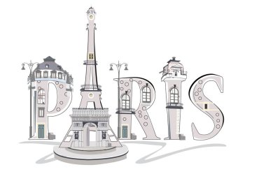 Çiçek ve mimari unsurlarla dekore edilmiş Lettering Paris. 