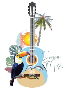 Yaz ve bahar çiçekleri, palmiye yaprakları, notlar, toucan ile dekore soyut gitar. 