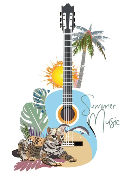 ?-4abstrakte Gitarre mit Sommer- und Frühlingsblumen, Palmblättern, Noten, einem Leoparden. — Stockvektor