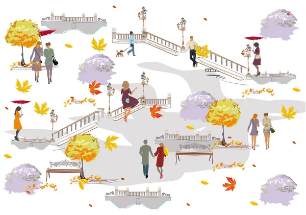 Set of people having rest in the park in autumn. — Stock Vector