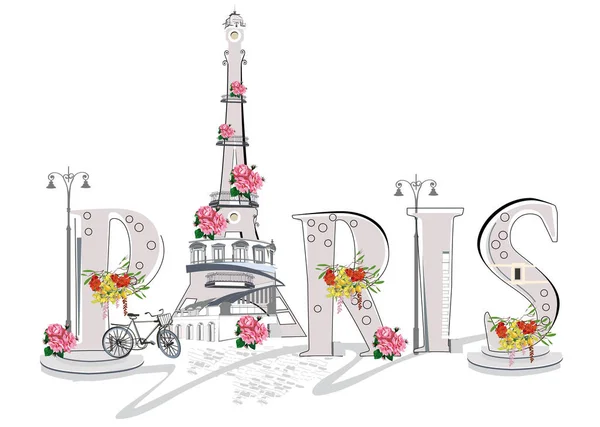 Letras París decorada con flores y elementos arquitectónicos . — Archivo Imágenes Vectoriales