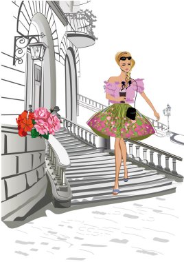 Eski şehirde insanlar, erkekler ve kadınlar ile sokak kafeler serisi.