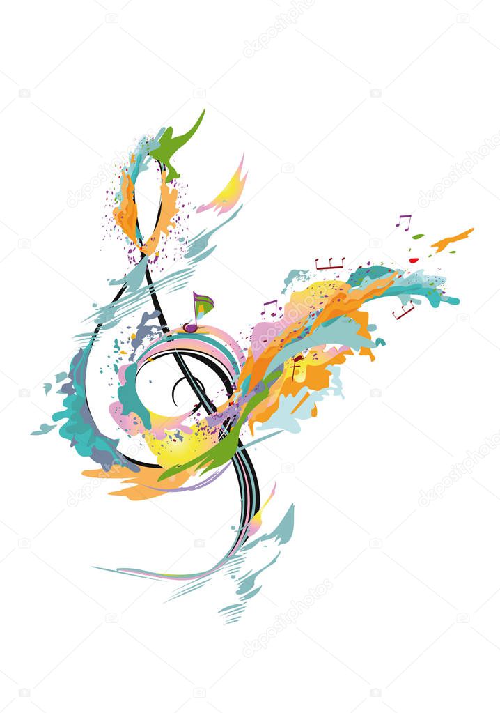 Abstract musical design with a treble clef and colorful splashes and waves.