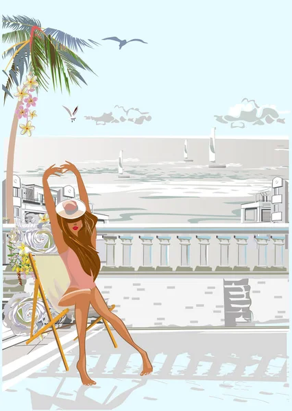 Série Relaxovat Letní Zázemí Slunečním Světlem Mořskou Pláží Peří Pohodlná — Stockový vektor
