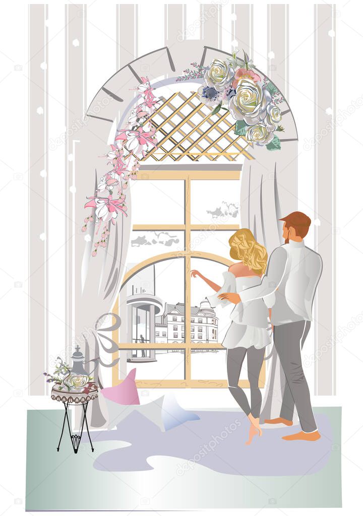 Couple standing near the window hugging at home. Daily life scenes indoor. Flat hand drawn vector illustration.