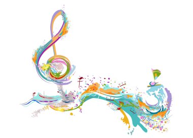 Soyut müzikal tasarım, üç tuşlu bir anahtar ve renkli sıçramalar, notalar ve dalgalar. Renkli üç katlı anahtar. El çizimi vektör illüstrasyonu.