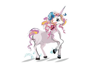  Çiçeklerle, kelebeklerle ve dondurmayla süslenmiş şirin tek boynuzlu at karakteri. Kart ve gömlek tasarımı için el çizimi vektör çizimi.