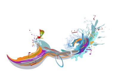 Renkli ve müzikal dalgalı soyut müzikal tasarım, notalar. El çizimi vektör illüstrasyonu.