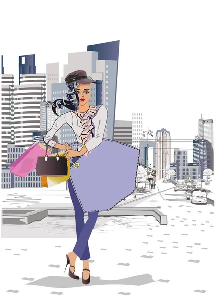 Mode Junge Frau Mit Hut Und Einkaufstüten Der Stadt Mode — Stockvektor