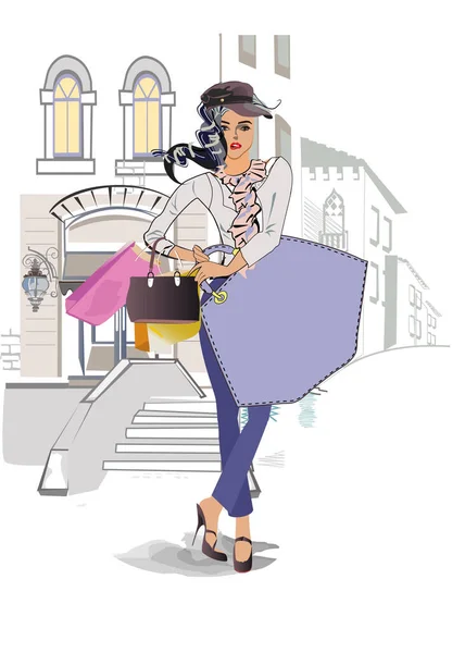 Mode Jeune Femme Chapeau Avec Des Sacs Provisions Dans Ville — Image vectorielle