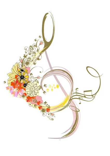 Clef Alvéolaire Abstraite Ornée Fleurs Été Printemps Notes Oiseaux Musique — Image vectorielle