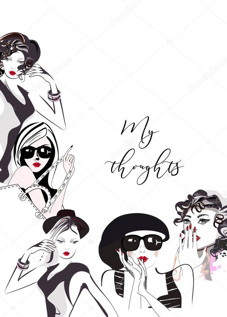 Series of beautiful fashionable girls with stylish hairstyles, red lips, hats and sunglasses in lines. Hand drawn vector illustration design for textile, cards etc. 