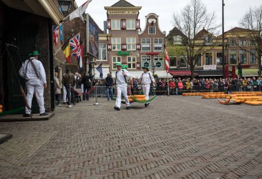 Alkmaar, Hollanda - 21 Nisan 2017: Alkmaar, Hollanda ünlü Hollandalı peynir pazarında birçok peynir ile yürüyüş uçak gemisi. Waagplein Meydanı'nda olay olur. 