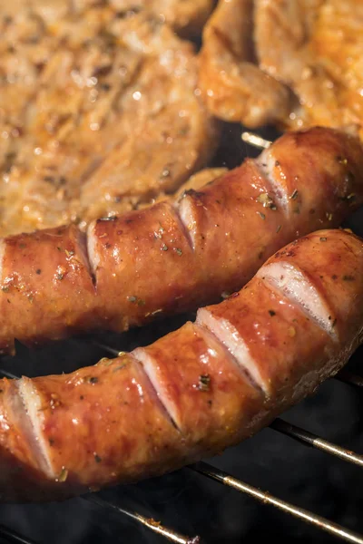 Unhealthy Tasty Grilled Sausages Meat — Stock Photo, Image