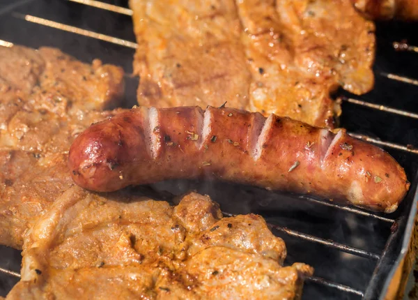 Salsicce Alla Griglia Malsane Gustose Carne — Foto Stock