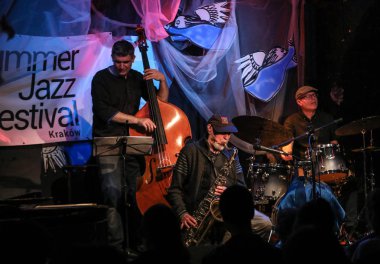 Krakov, Polonya - 3 Temmuz 2018: Nestor Lehçe caz Jan Ptaszyn Wroblewski Krakow, yaz Caz Festivali'nde canlı olduğunu 150 konser ev sahipliği yapacak festival 23 baskı 