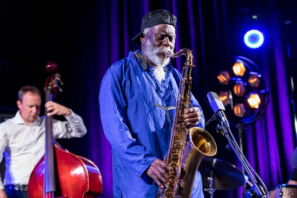 Krakov, Polonya - 12 Temmuz 2018: Simge Dünya Caz - Kijow.Centre yaz Caz Festivali'nde Krakow'da aşaması Firavun Sanders simgesi Quartetet yaşıyor. Polonya