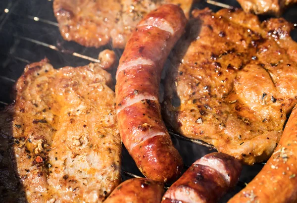 Unhealthy Tasty Grilled Sausages Meat — Stock Photo, Image