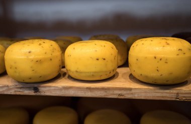 Amsterdam, Hollanda - 20 Nisan 2017: Peynir tekerlekler Amsterdam deposunda. Hollanda