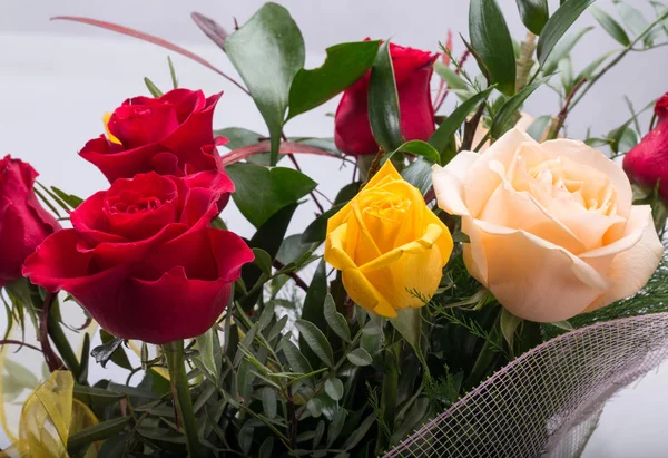 Kytice Míchaná Různobarevné Růží Izolovaných Bílém Pozadí — Stock fotografie