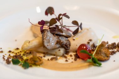 mutfak sanat eseri. Kaz ciğeri ve mantar. Göz ve damak için bir bayram