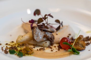 mutfak sanat eseri. Kaz ciğeri ve mantar. Göz ve damak için bir bayram