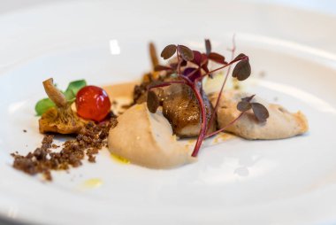 mutfak sanat eseri. Kaz ciğeri ve mantar. Göz ve damak için bir bayram