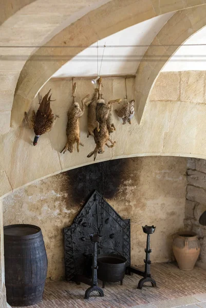 カス城 中世の要塞 フランス アキテーヌ地域圏ドルドーニュ県カス シャペルでの台所の壁に掛かっているカス ドルドーニュ フランス 2018 狩猟のトロフィー — ストック写真