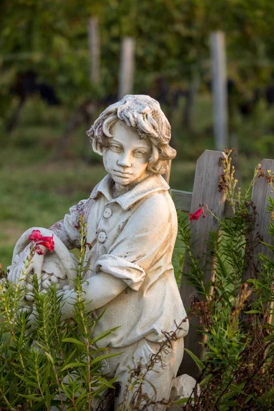 聖エミリオン地方のブドウ畑を背景にブドウの入ったバスケットを持つ少年の像 フランス — ストック写真
