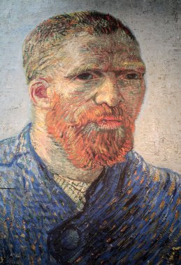 Amsterdam, Netherlands - April 22, 2017: Copy of  Self Portrait as a painter (1887-1888) by Vincent Van Gogh in Van Gogh museum. Amsterdam, Netherlands clipart