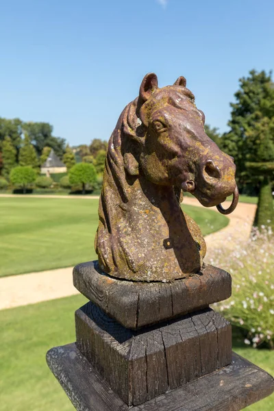 Paard Hoofd Sculptuur Pittoreske Jardins Manoir Eyrignac Dordogne Frankrijk — Stockfoto