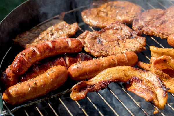 Ohälsosam Men Välsmakande Grillad Korv Och Kött — Stockfoto