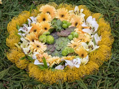 Renkli tropikal çiçeklerle süslenmiş güzel bir çiçek. 